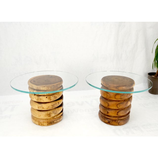 Mid 20th Century Pair Solid Carved Wood Cylinder Shape Bases Glass Top End Side Tables Stands For Sale - Image 5 of 18