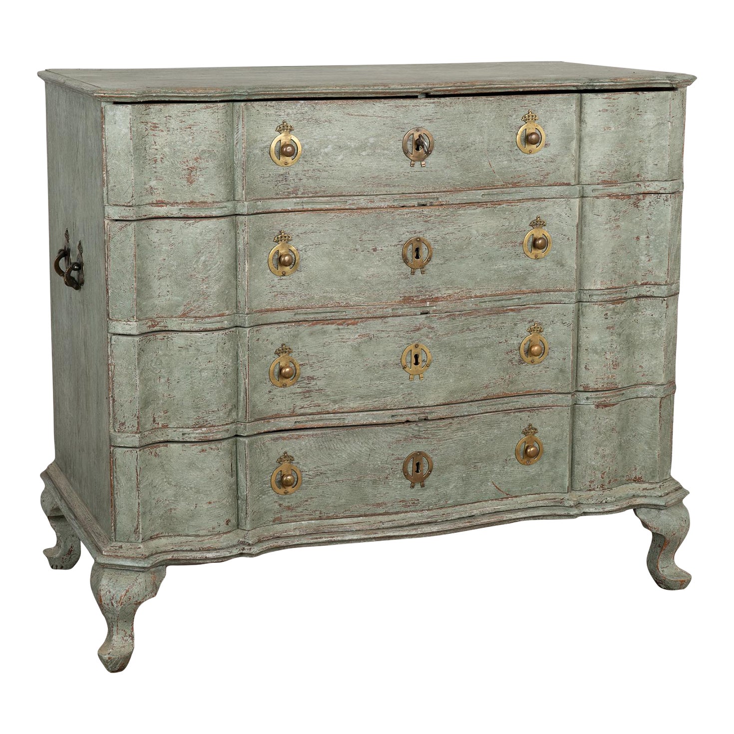 Large Green Painted Oak Rococo Chest of Four Drawers, Denmark Circa