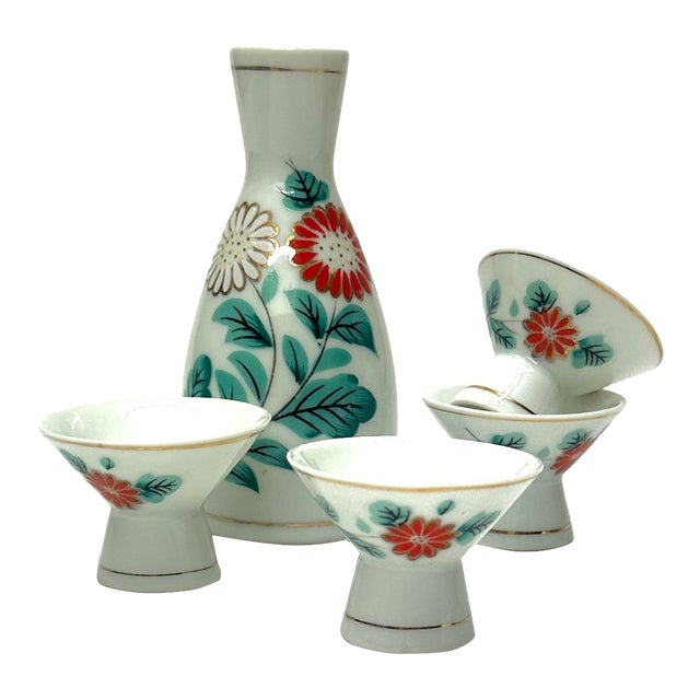 Hand-Painted Porcelain Kikkoman Sake Bottle and Cups - Set of 5 For Sale