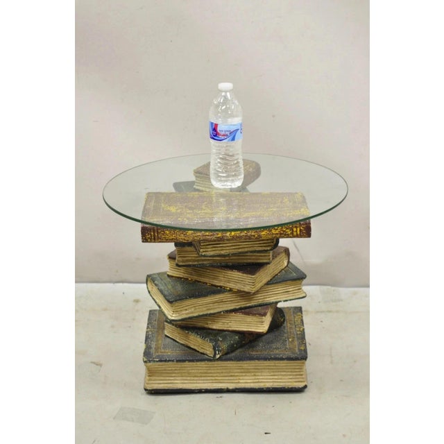 Vintage Regency Style Figural Faux Stacked Book Form Round Glass Top Side Table For Sale - Image 10 of 11
