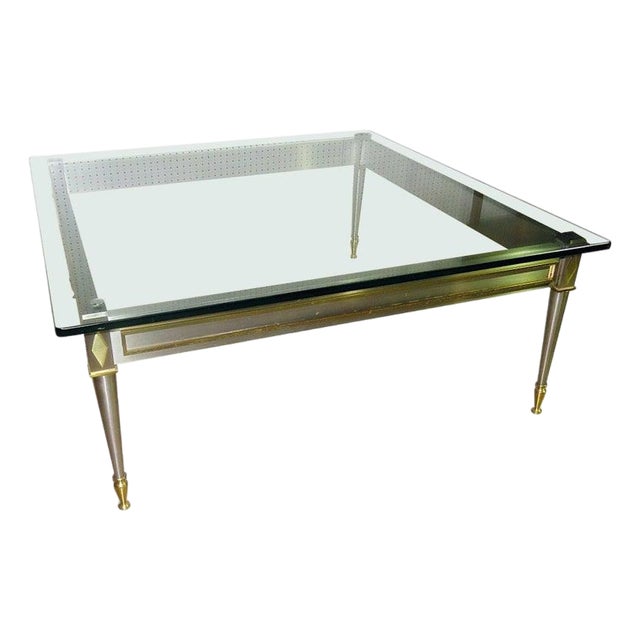 Square Steel Brass French Directoire Style Coffee Table Attributed John Vesey For Sale
