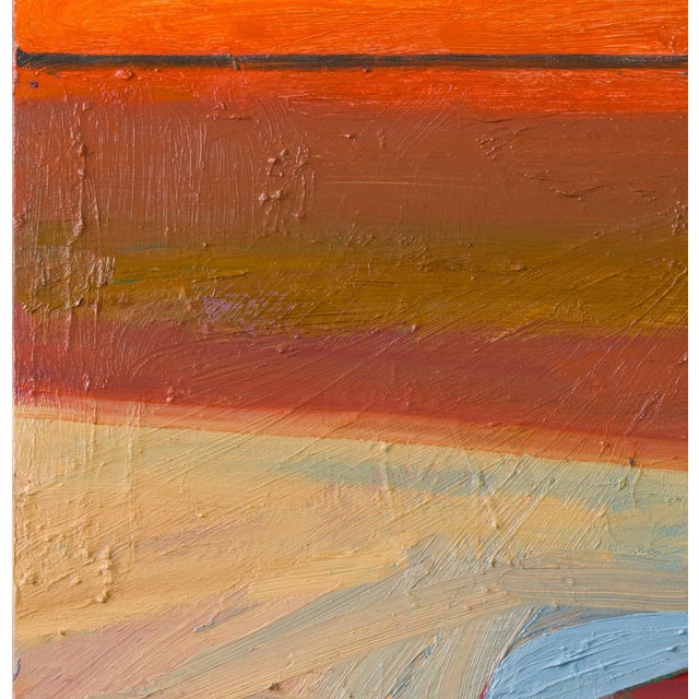 In "Corner Street No. 2," vibrant hues dominate the canvas, creating a striking contrast between the warm oranges of the...