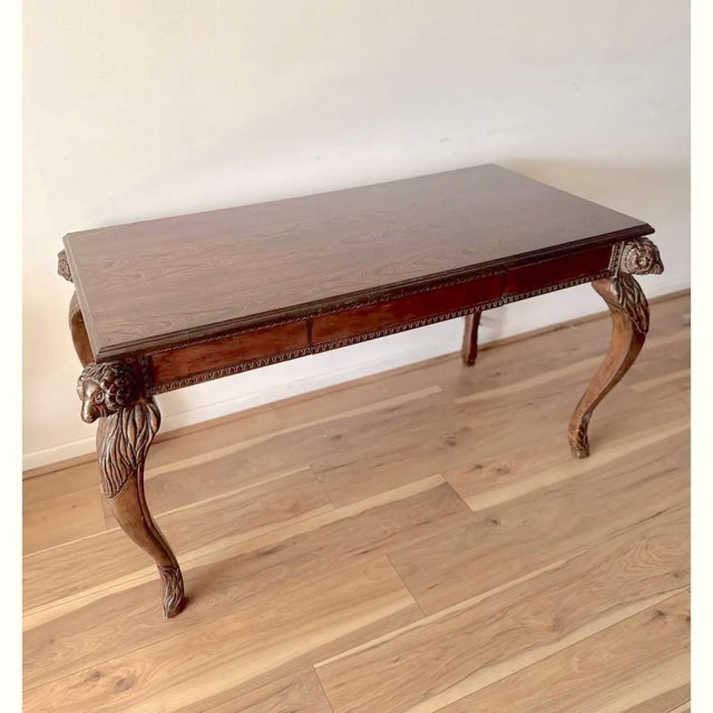 French Early 20th Century Walnut Writing Desk With Ram’s Head Carvings For Sale - Image 3 of 17