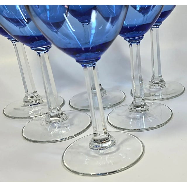 Pillar Stemmed Blue Goblets- Set of Six For Sale - Image 4 of 12