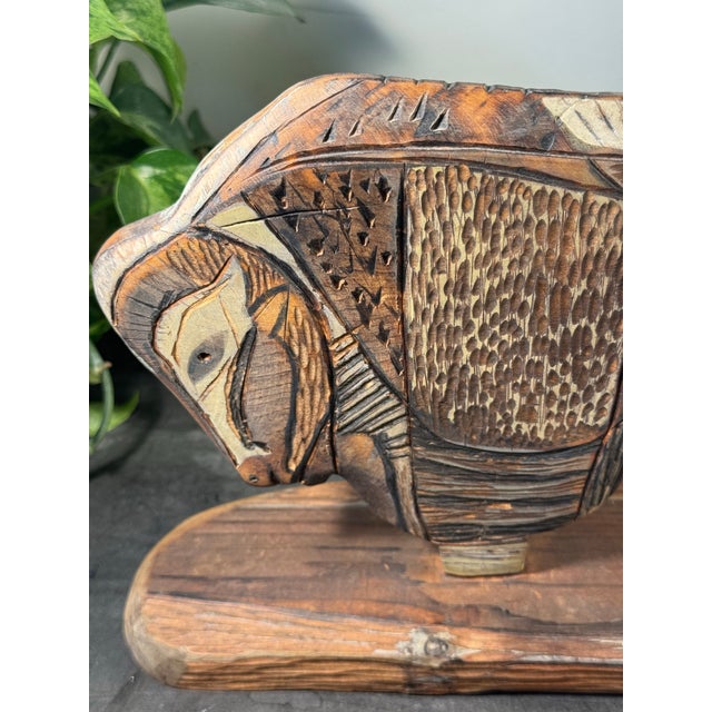 Wood Vintage 1970s MCM Wood Bison Sculpture Herbert H Sandmann Double Sided Carving - One of a Kind - 15.5" For Sale - Image 7 of 9