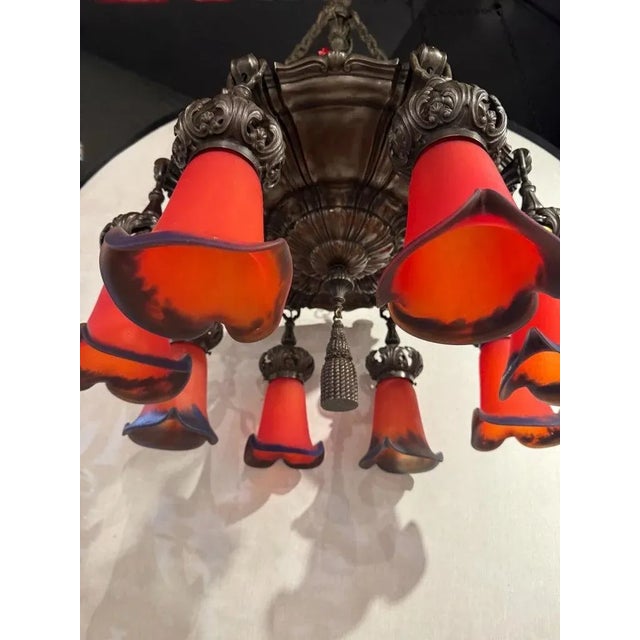 Metal 1900 Caldwell Silver Chandelier With Red Flowers Glass Shades 8 Lights For Sale - Image 7 of 9