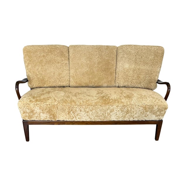 Wood 1940s Danish Settee by Alfred Christensen in Tan Shearling For Sale - Image 7 of 8
