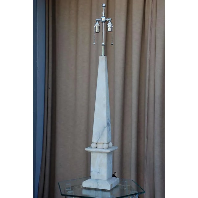 Spectacular alabaster obelisk lamp. Very tall. Heavy.