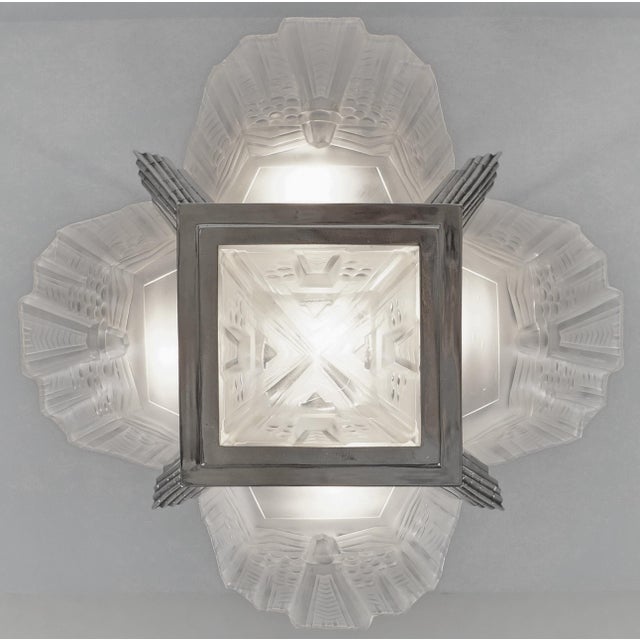 Metal Jean Gauthier Ejg French Art Deco Nickeled Bronze & Frosted Glass Chandelier 1930s For Sale - Image 7 of 11