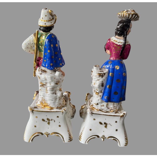 Victorian Pair of Antique Victorian Figural Man & Woman Porcelain Statue Scupltures For Sale - Image 3 of 9