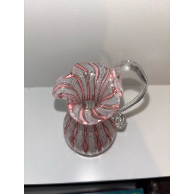 Mid 20th Century Murano Pink & White Latticino Filigree Glass Pitcher & Vase - Set of 2 For Sale - Image 12 of 12
