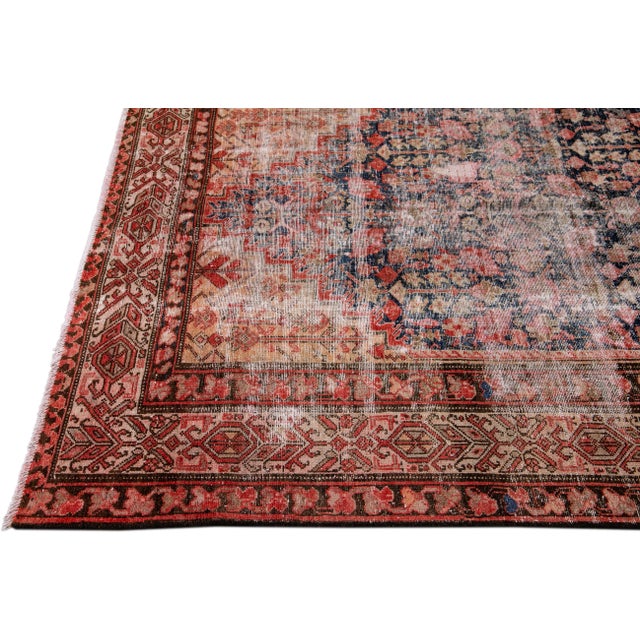 Vintage Distressed Handmade Floral Red Wool Rug For Sale In New York - Image 6 of 9