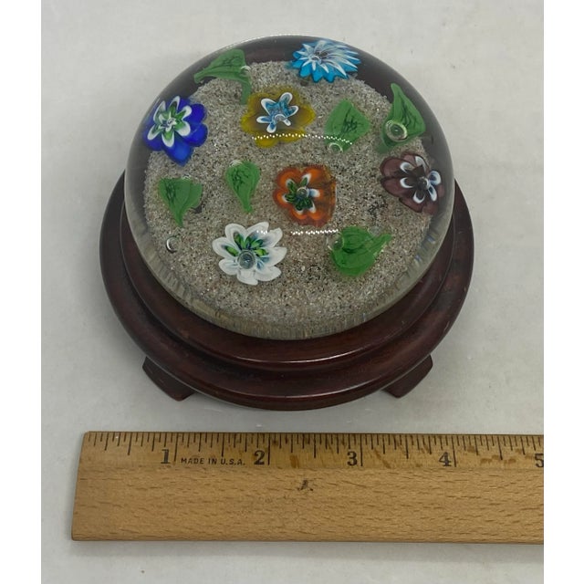 Vintage Ferro & Lazzarini Murano Italy Flower Garden Glass Paperweight With Round Wood Stand For Sale - Image 10 of 12
