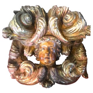 Italian Baroque Carved and Polychrome-Painted Winged Cherub Head Putti, 1750s For Sale