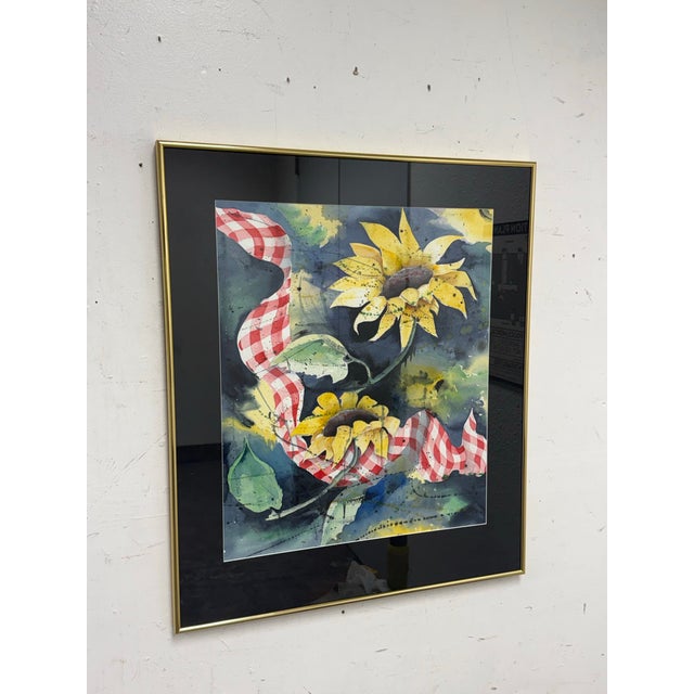 Shabby Chic Peggy Clark "Sunflower Twist" Framed Watercolor, Circa 1994 For Sale - Image 3 of 11