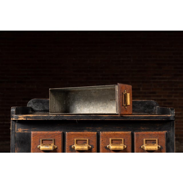 Black Early 20th Century Wooden 14 Drawer Rolling Shop Cabinet in Distressed Black For Sale - Image 8 of 10