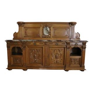 Monumental Carved Walnut Marble Top Sideboard Credenza Buffet For Sale