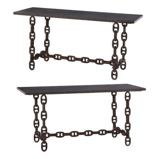 Pair of Brutalist Blue Stone Top Chain Consoles, C. 1970 For Sale