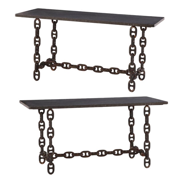 Pair of Brutalist Blue Stone Top Chain Consoles, C. 1970 For Sale