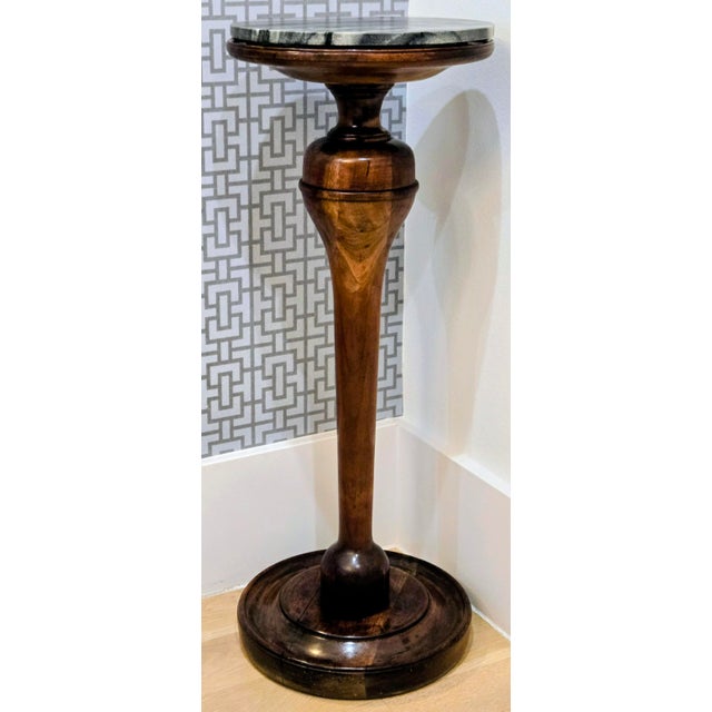 Vintage baluster-turned wood pedestal table with a separate round gray marble top. This handsome traditional accent table...