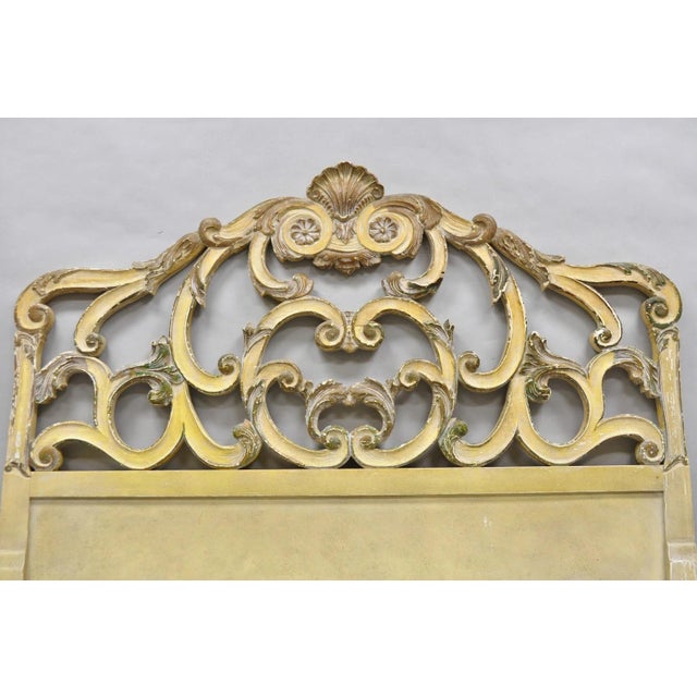 Vintage French Rococo Distressed Cream Painted Queen Size Wood Bed Headboard. Circa Mid 20th Century. Measurements: 52" H...