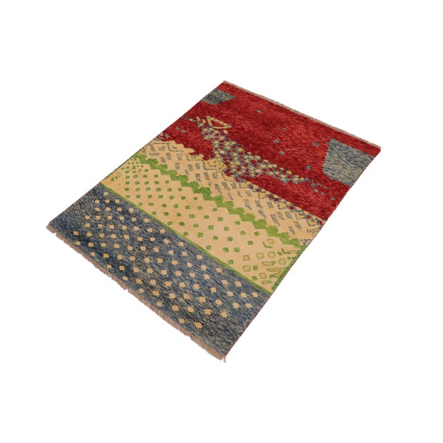 Shabby Chic Modern Balochi Red/Blue Wool Rug - 3'0''x4'11'' For Sale - Image 3 of 11