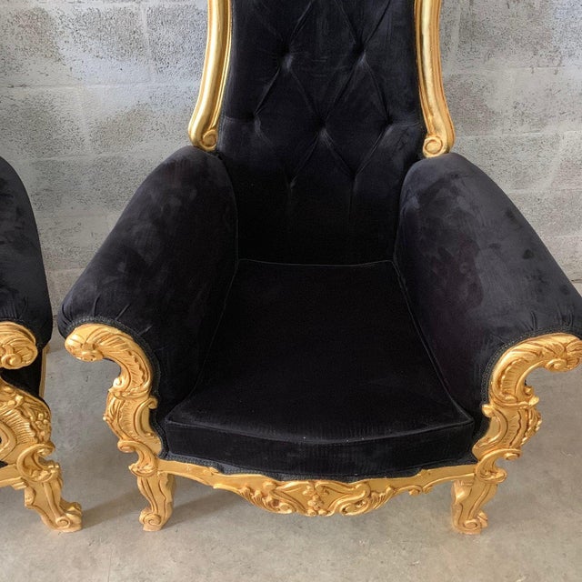 New Custom Made Black Velvet Baroque Style Tufted Throne Chairs a Pair