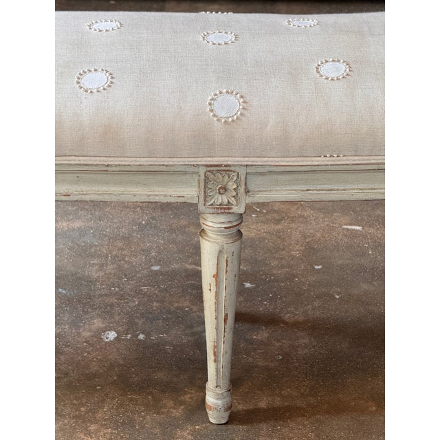 Mid 20th Century Louis XVI Painted Bench With Embroidered Linen Seat For Sale - Image 6 of 8