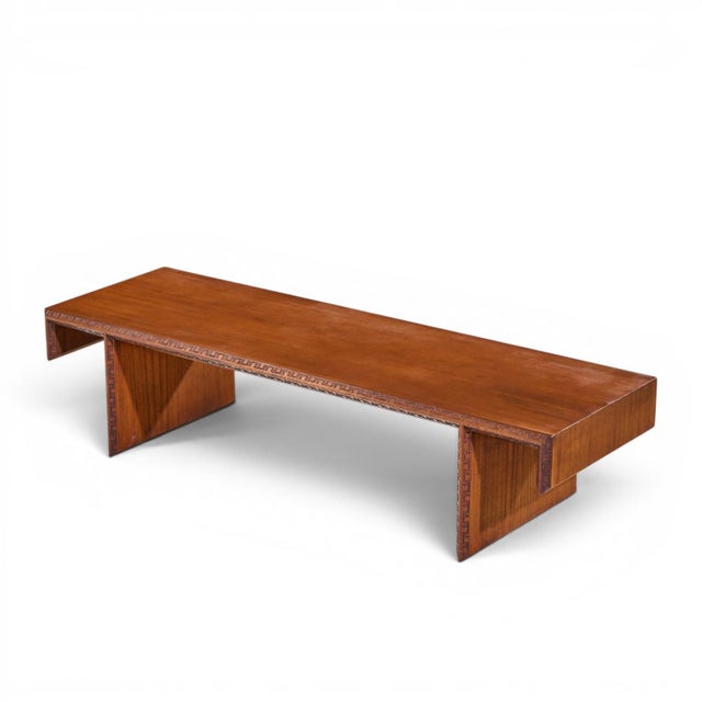 Frank Lloyd Wright Taliesin Mid Century Carved Mahogany Bench Coffee Table For Sale - Image 9 of 9