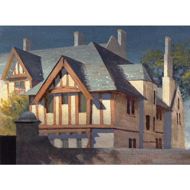 Corner of the Manor by Diego Glazer | Oil on Board Painting of a manor house exterior For Sale