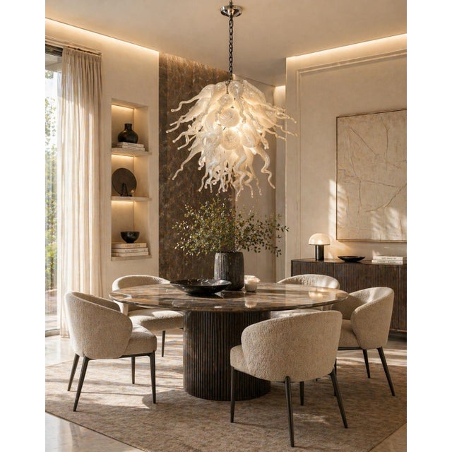 Striking vintage Murano glass chandelier featuring an exuberant hand-blown composition of swirling spiral arms, curled...