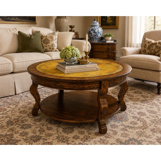 OLD CHAPEL HOME COLLECTION OLD WORLD TOBACCO WALNUT COFFEE TABLE WITH VERDIGRIS METAL INSET TOP A striking statement piece...