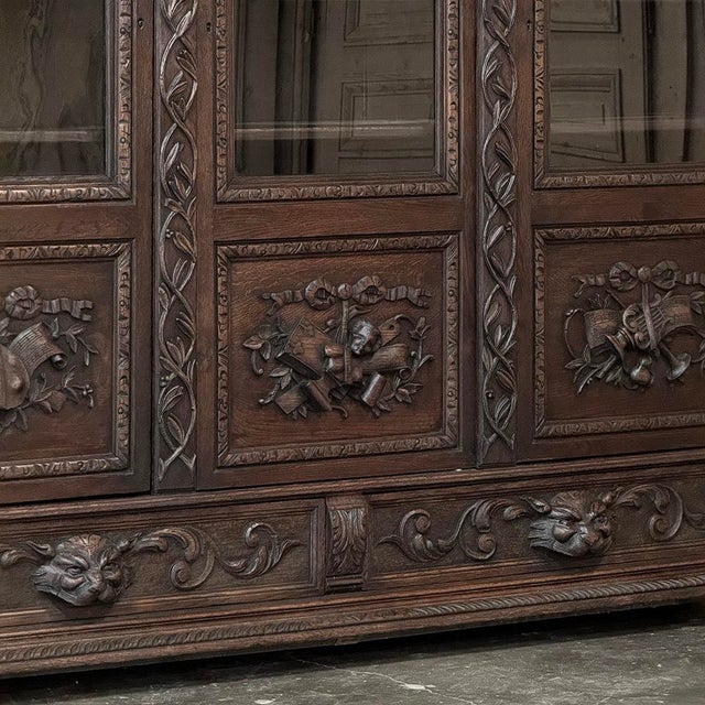 19th Century Renaissance Revival Hand-Carved Oak Triple Bookcase For Sale - Image 9 of 18