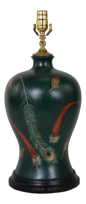 Vintage Hand Painted Feather Decorated Vase Table Lamp