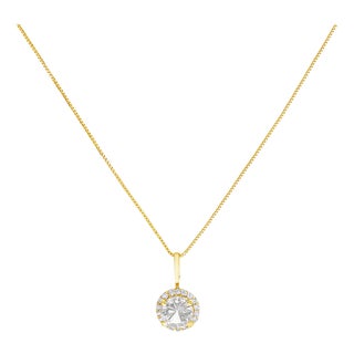 10K Yellow Gold White Topaz and 1/10 Cttw Diamond Accent Halo Pendant Necklace For Sale