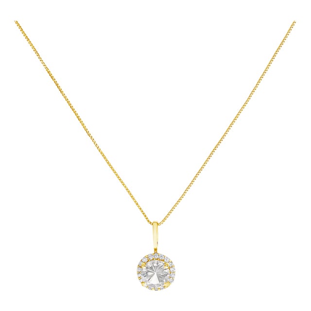 10K Yellow Gold White Topaz and 1/10 Cttw Diamond Accent Halo Pendant Necklace For Sale