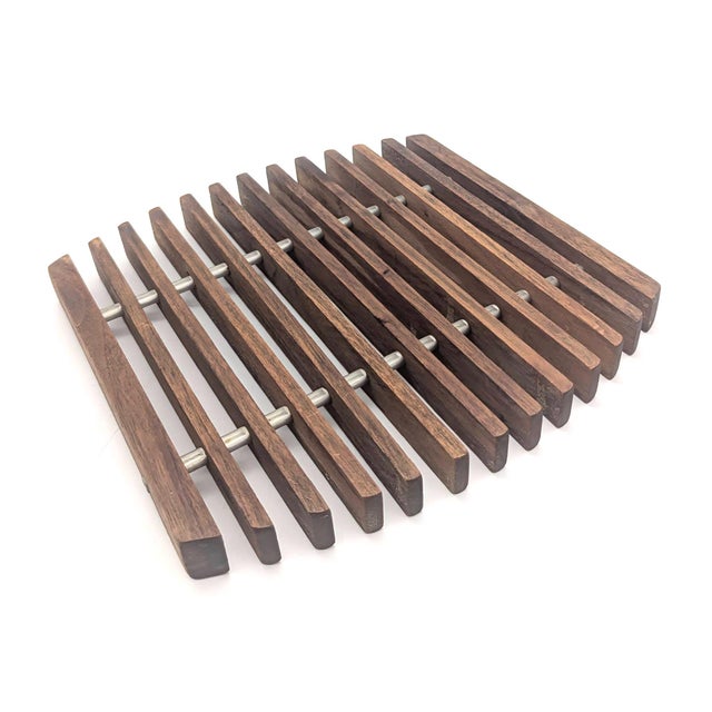 Chestnut 1960s Danish Teak Wood and Aluminum Trivet For Sale - Image 8 of 10