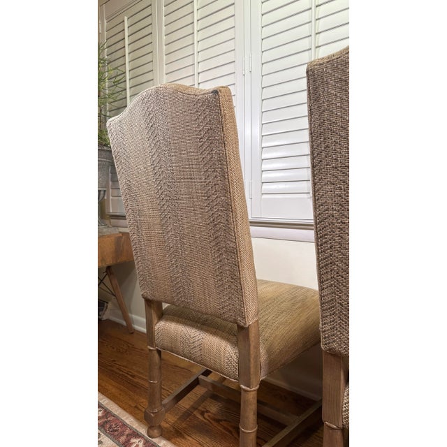 Wood Early 20th Century Pair of Ethan Allen Upholstered Dining Chairs in Neutral Woven Fabric (Nice) For Sale - Image 7 of 8