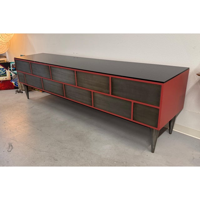1990s Custom 11 Drawer Credenza in Red with Brushed Steel Doors and Black Glass Top For Sale - Image 12 of 17