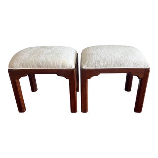 Pair of Vintage Ethan Allen Asian-Inspired Upholstered Stools - A Pair For Sale