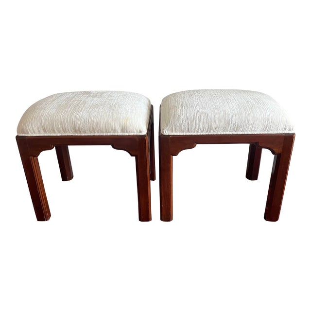 Pair of Vintage Ethan Allen Asian-Inspired Upholstered Stools - A Pair For Sale