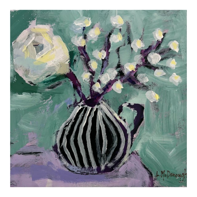 “Mint and Moonlight” Original Acrylic Expressive Floral Still Life by Linda McDonough For Sale