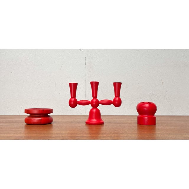 Mid-Century Modern Red Wooden Candleholder from Aarikka, Finland, 1960s, Set of 3, in Very Good conditions. Designed 1960...