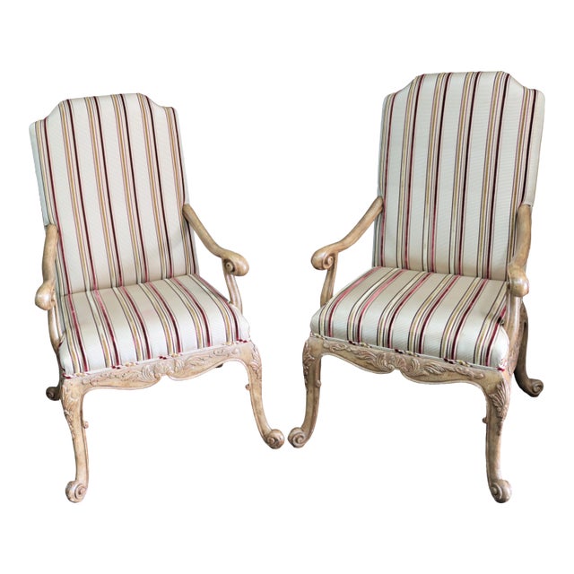 Pair Italian Style Carved Open Armchairs For Sale