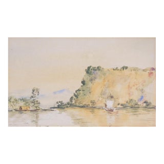 Small Early 20th Century Asian Coastal Fishing Boat Watercolor Painting For Sale