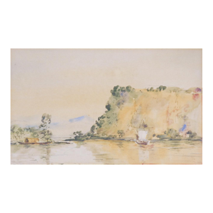 Small Early 20th Century Asian Coastal Fishing Boat Watercolor Painting