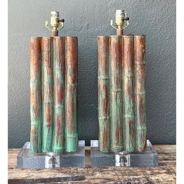 Vintage Faux Bamboo Lamps on Lucite Plinth - A Pair For Sale - Image 12 of 12