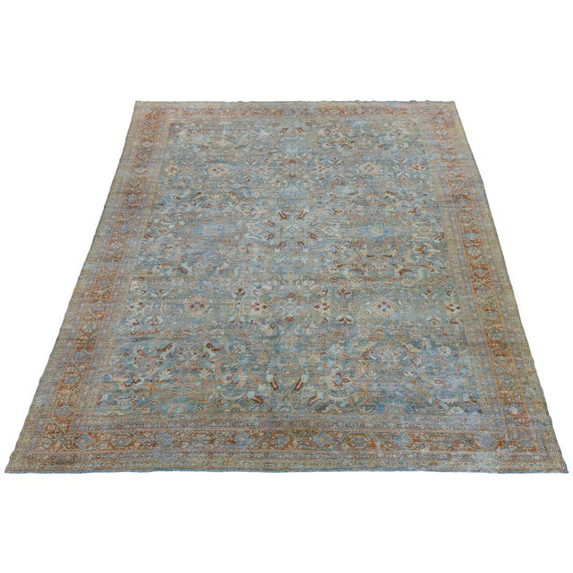 Antique Mahal Wool Rug in Muted Muted Sky Blue and Terracotta For Sale - Image 9 of 11