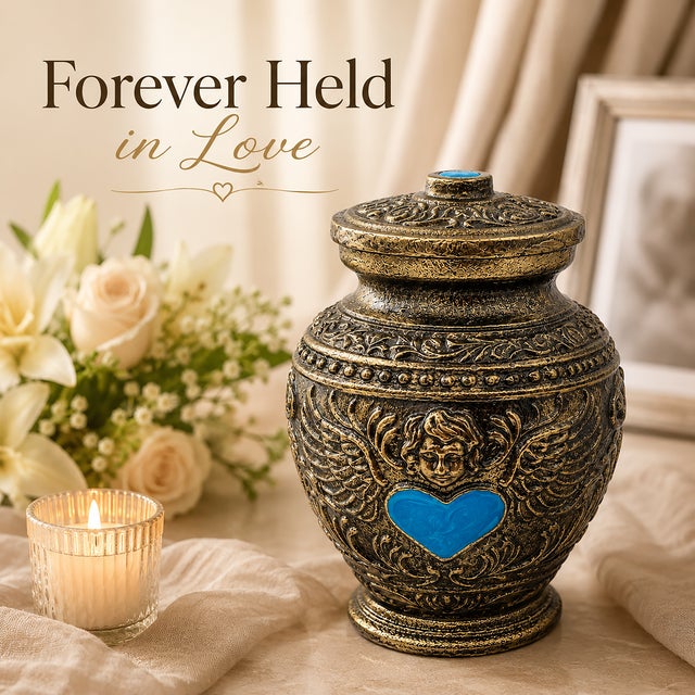 Aura Angel Wings Turquoise Heart Keepsake Cremation Urn Metal Antique Finish For Sale - Image 9 of 10
