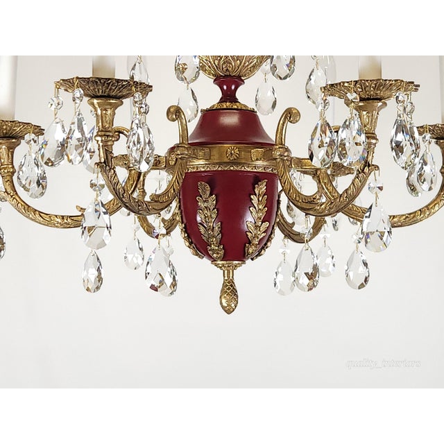 1960s Antique 6 Light Shimmering Oxblood Empire Brass Cut Lead Crystal Chandelier ~ Rewired ~ Restored ~ Rejuvenated ~ Ready to Hang ~ For Sale - Image 5 of 12